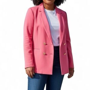 Talbots Double Knit Pink Long Double Breast Gold Button Plus Size Blazer Jacket